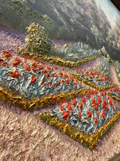 Huile sur toile ancienne, jardin à la française fleuri ,paysage XXème siècle signé 