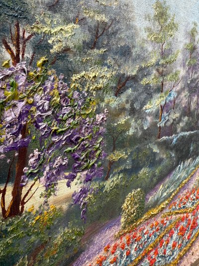 Huile sur toile ancienne, jardin à la française fleuri ,paysage XXème siècle signé 