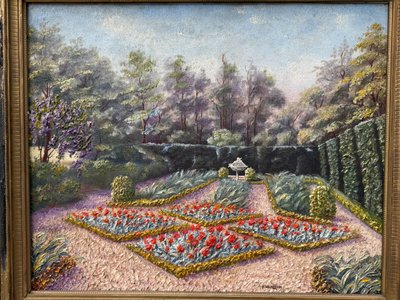 Huile sur toile ancienne, jardin à la française fleuri ,paysage XXème siècle signé 