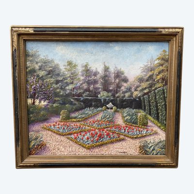 Huile sur toile ancienne, jardin à la française fleuri ,paysage XXème siècle signé 