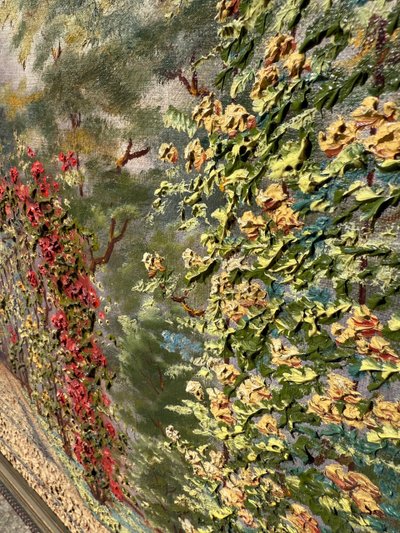 Tableau ancien, vue d'un un jardin très fleuri, roseraie, début XXème 