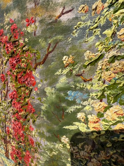 Tableau ancien, vue d'un un jardin très fleuri, roseraie, début XXème 