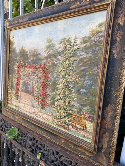 Tableau ancien, vue d'un un jardin très fleuri, roseraie, début XXème 