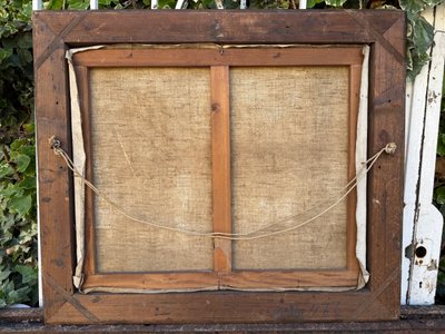 Tableau ancien, vue d'un un jardin très fleuri, roseraie, début XXème 