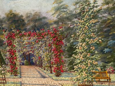 Tableau ancien, vue d'un un jardin très fleuri, roseraie, début XXème 