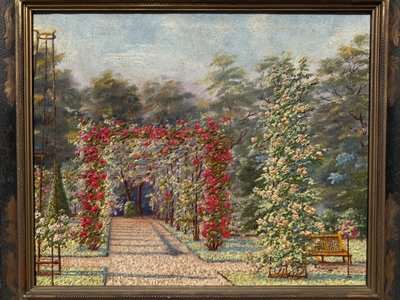 Tableau ancien, vue d'un un jardin très fleuri, roseraie, début XXème 