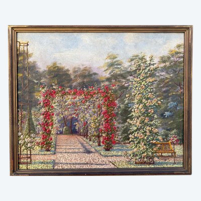 Tableau ancien, vue d'un un jardin très fleuri, roseraie, début XXème 