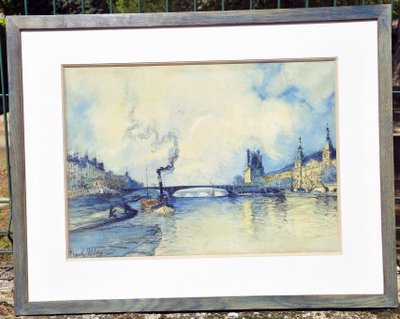Aquarell von Frank Will, das die Ufer der Seine in Paris mit der Pont des Arts um 1940 zeigt