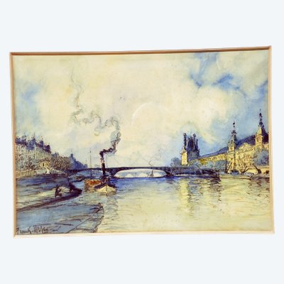 Aquarell von Frank Will, das die Ufer der Seine in Paris mit der Pont des Arts um 1940 zeigt