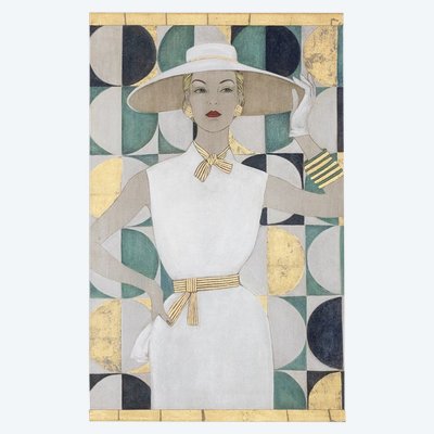 Tela dipinta raffigurante un'elegante donna degli anni Cinquanta. Contemporaneo.  LS6438B678P