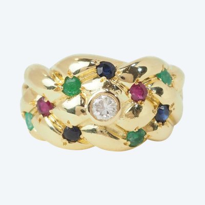 Bague jonc en or jaune et pierres précieuses 