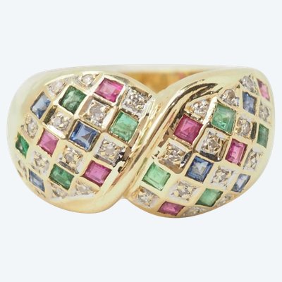 Bague pavée en or jaune, diamants et pierres précieuses