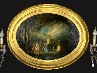 TABLEAU /HUILE SUR TOILE OVALE D’APRÈS ANTOINE WATTEAU ( FÊTE GALANTE ) ENCADRÉE