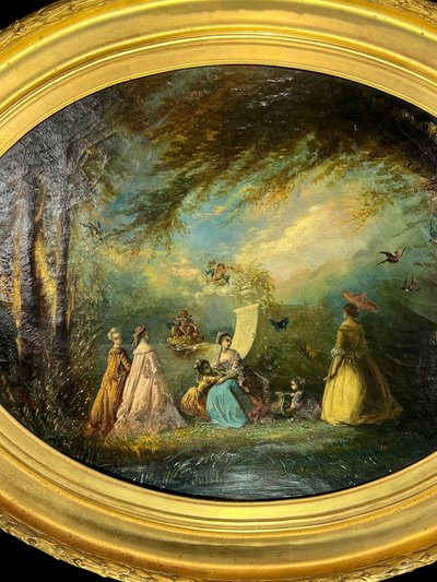 TABLEAU /HUILE SUR TOILE OVALE D’APRÈS ANTOINE WATTEAU ( FÊTE GALANTE ) ENCADRÉE