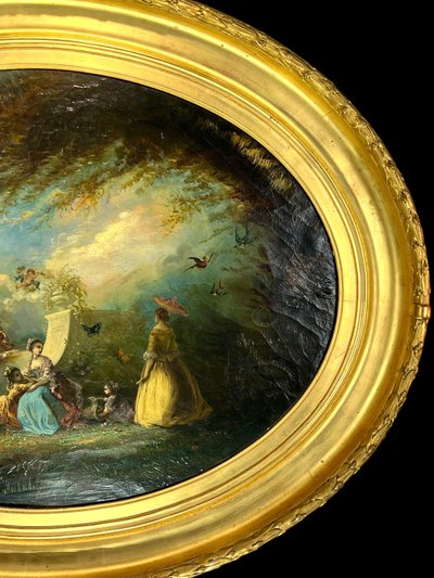 TABLEAU /HUILE SUR TOILE OVALE D’APRÈS ANTOINE WATTEAU ( FÊTE GALANTE ) ENCADRÉE