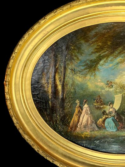 TABLEAU /HUILE SUR TOILE OVALE D’APRÈS ANTOINE WATTEAU ( FÊTE GALANTE ) ENCADRÉE