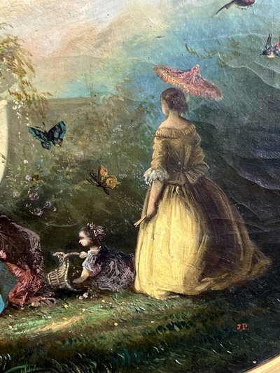 TABLEAU /HUILE SUR TOILE OVALE D’APRÈS ANTOINE WATTEAU ( FÊTE GALANTE ) ENCADRÉE