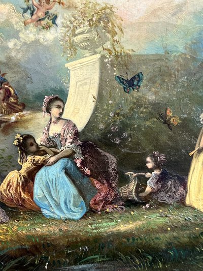 TABLEAU /HUILE SUR TOILE OVALE D’APRÈS ANTOINE WATTEAU ( FÊTE GALANTE ) ENCADRÉE