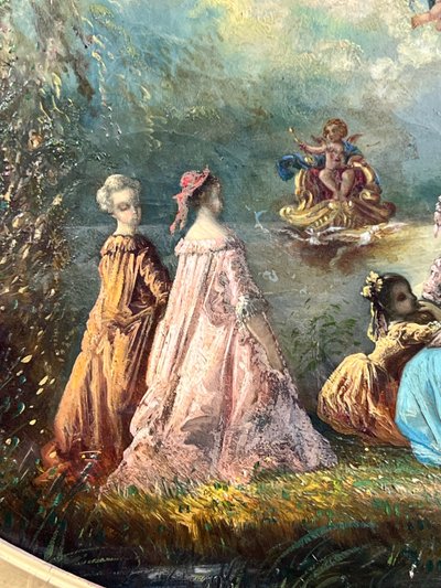 TABLEAU /HUILE SUR TOILE OVALE D’APRÈS ANTOINE WATTEAU ( FÊTE GALANTE ) ENCADRÉE