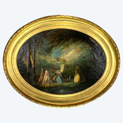 TABLEAU /HUILE SUR TOILE OVALE D’APRÈS ANTOINE WATTEAU ( FÊTE GALANTE ) ENCADRÉE