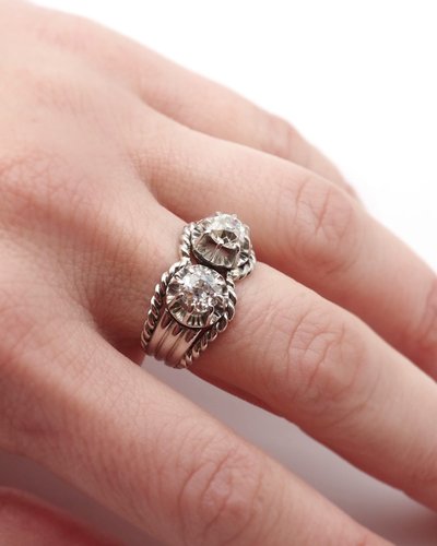 Bague diamants Toi Moi Retro en platine, années 1950, taille anciene 0,60 ct et 0,70 ct 