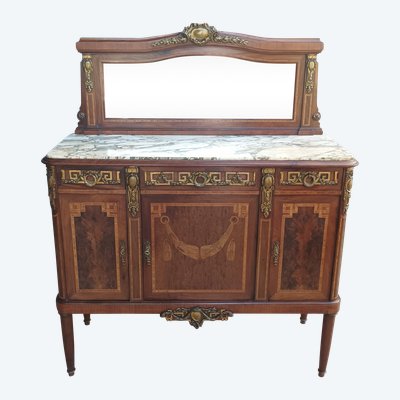 Credenza Luigi XVI impiallacciata in mogano con intarsi in legno pregiato