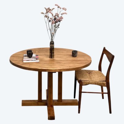 Round pine table "Les Arcs - 1970".