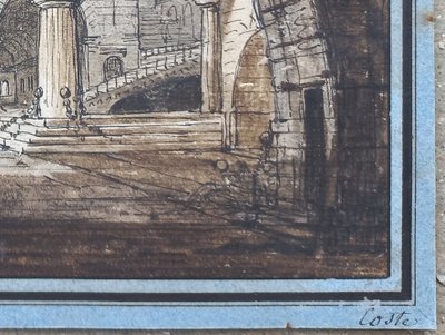Jean-Baptiste COSTE 1746-1819 Architecture imaginaire, dessin, vers 1780, néoclassique, paysage