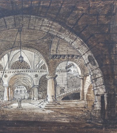 Jean-Baptiste COSTE 1746-1819 Architecture imaginaire, dessin, vers 1780, néoclassique, paysage