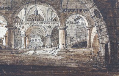 Jean-Baptiste COSTE 1746-1819 Architecture imaginaire, dessin, vers 1780, néoclassique, paysage