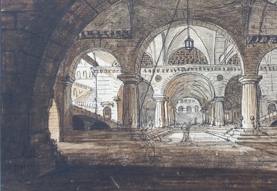 Jean-Baptiste COSTE 1746-1819 Architecture imaginaire, dessin, vers 1780, néoclassique, paysage
