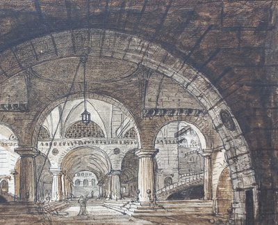 Jean-Baptiste COSTE 1746-1819 Architecture imaginaire, dessin, vers 1780, néoclassique, paysage
