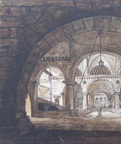 Jean-Baptiste COSTE 1746-1819 Architecture imaginaire, dessin, vers 1780, néoclassique, paysage