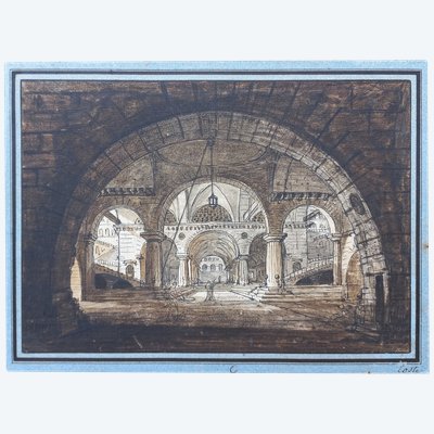 Jean-Baptiste COSTE 1746-1819 Architecture imaginaire, dessin, vers 1780, néoclassique, paysage