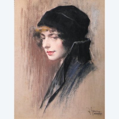 Andrés GIMENO 1879-? Portrait de femme élégante, pastel, 1915, Espagne