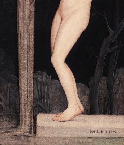 Jos Damien 1879-1973 Nude Woman with Sheet, painting, 1915, Art Nouveau, Symbolism Belgium