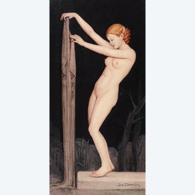 Jos Damien 1879-1973 Nude Woman with Sheet, painting, 1915, Art Nouveau, Symbolism Belgium