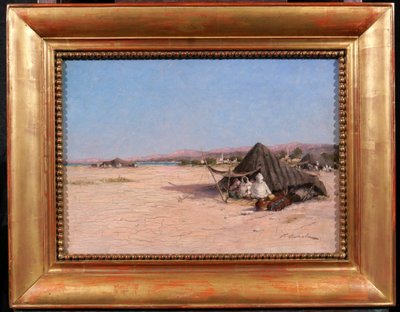 Victor COSTE 1844-1923 Paysage orientaliste au campement, tableau, vers 1880-90
