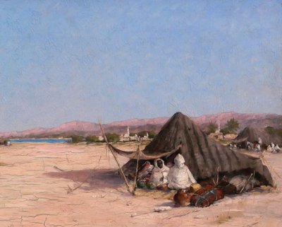 Victor COSTE 1844-1923 Paysage orientaliste au campement, tableau, vers 1880-90