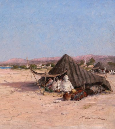Victor COSTE 1844-1923 Paysage orientaliste au campement, tableau, vers 1880-90