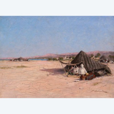 Victor COSTE 1844-1923 Paysage orientaliste au campement, tableau, vers 1880-90
