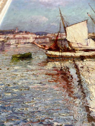 Tableau HST "Marine - vue du port de Menton" par Felix PILLE (1848-1919)
