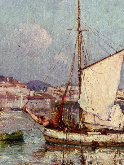 Tableau HST "Marine - vue du port de Menton" par Felix PILLE (1848-1919)