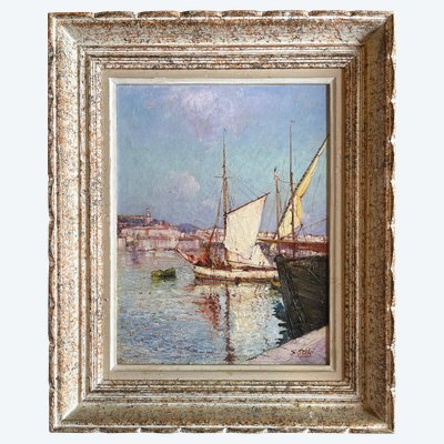 Tableau HST "Marine - vue du port de Menton" par Felix PILLE (1848-1919)