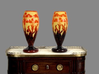 PAIR OF BALUSTER VASES SIGNED FRENCH GLASS DECORATED WITH FLORAL MOTIFS