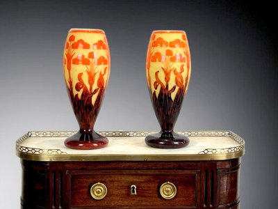 PAIR OF BALUSTER VASES SIGNED FRENCH GLASS DECORATED WITH FLORAL MOTIFS