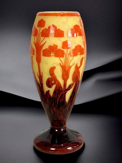 PAIR OF BALUSTER VASES SIGNED FRENCH GLASS DECORATED WITH FLORAL MOTIFS