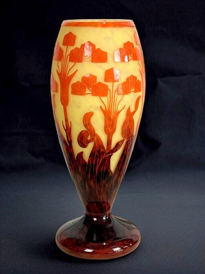 PAIR OF BALUSTER VASES SIGNED FRENCH GLASS DECORATED WITH FLORAL MOTIFS
