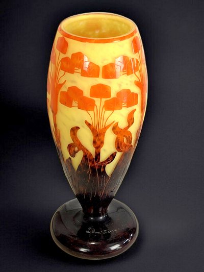 PAIR OF BALUSTER VASES SIGNED FRENCH GLASS DECORATED WITH FLORAL MOTIFS
