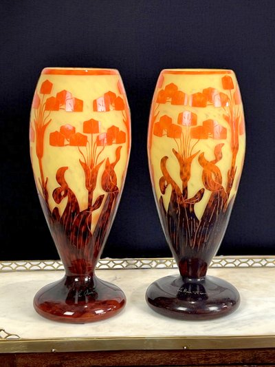 PAIR OF BALUSTER VASES SIGNED FRENCH GLASS DECORATED WITH FLORAL MOTIFS